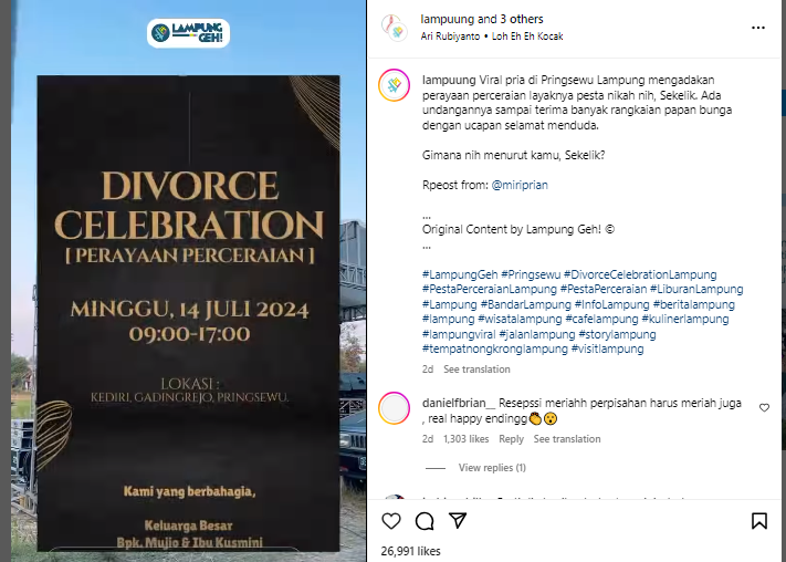 tagkapan layar instagram Lampung Geh terkait pesta perceraian