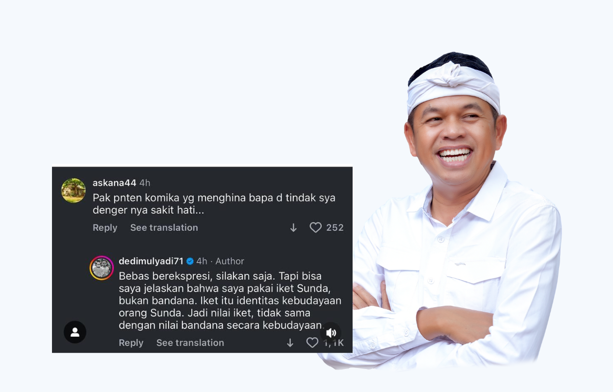 Gubernur Jawa Barat, Dedi Mulyadi, menanggapi lelucon seorang komika yang menyamakan iket Sunda, simbol budaya yang menjadi ciri khasnya, dengan bandana